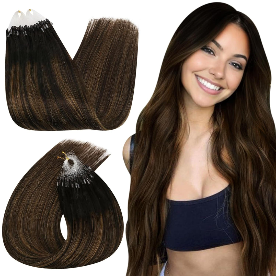 Ugeat 35cm Haarverlängerung Micro Bondings Ombre Balayage Dunkelstes Braun mit Mittelbraun 2/6/2 50S