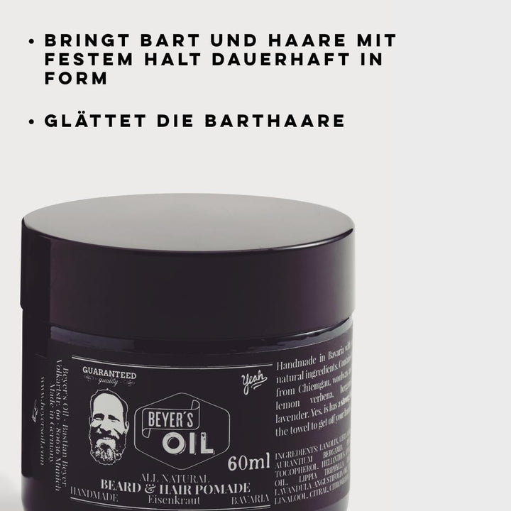 Beyer's Oil Beard & Hair Pomade Eisenkraut 60ml - Bart- und Haarpomade - 100 natürlich - Handgemacht
