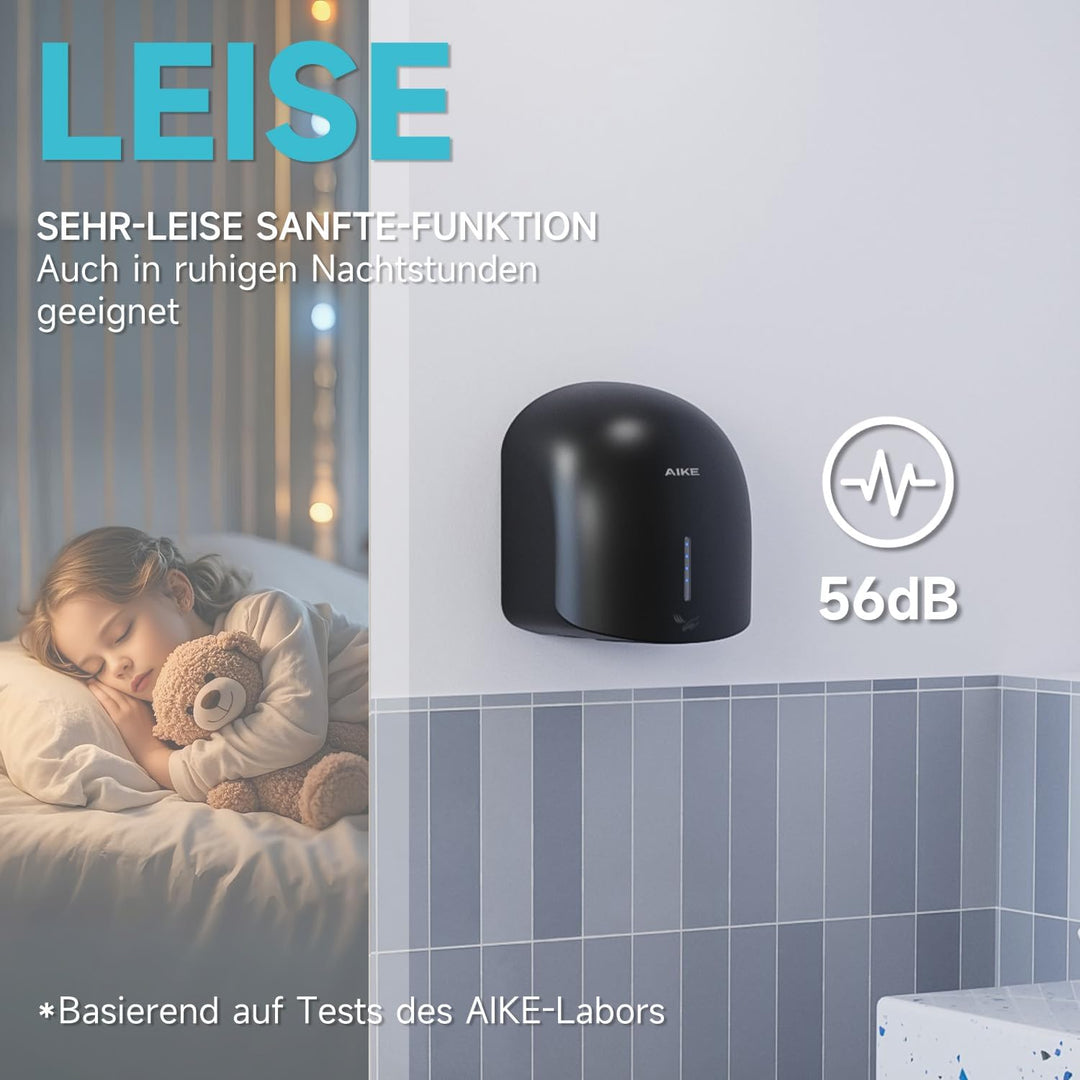 AIKE GentleAir Warmluft Handtrockner, Leise für Zuhause & Bäder, AC220V-240V, Mitternacht Schwarz, M