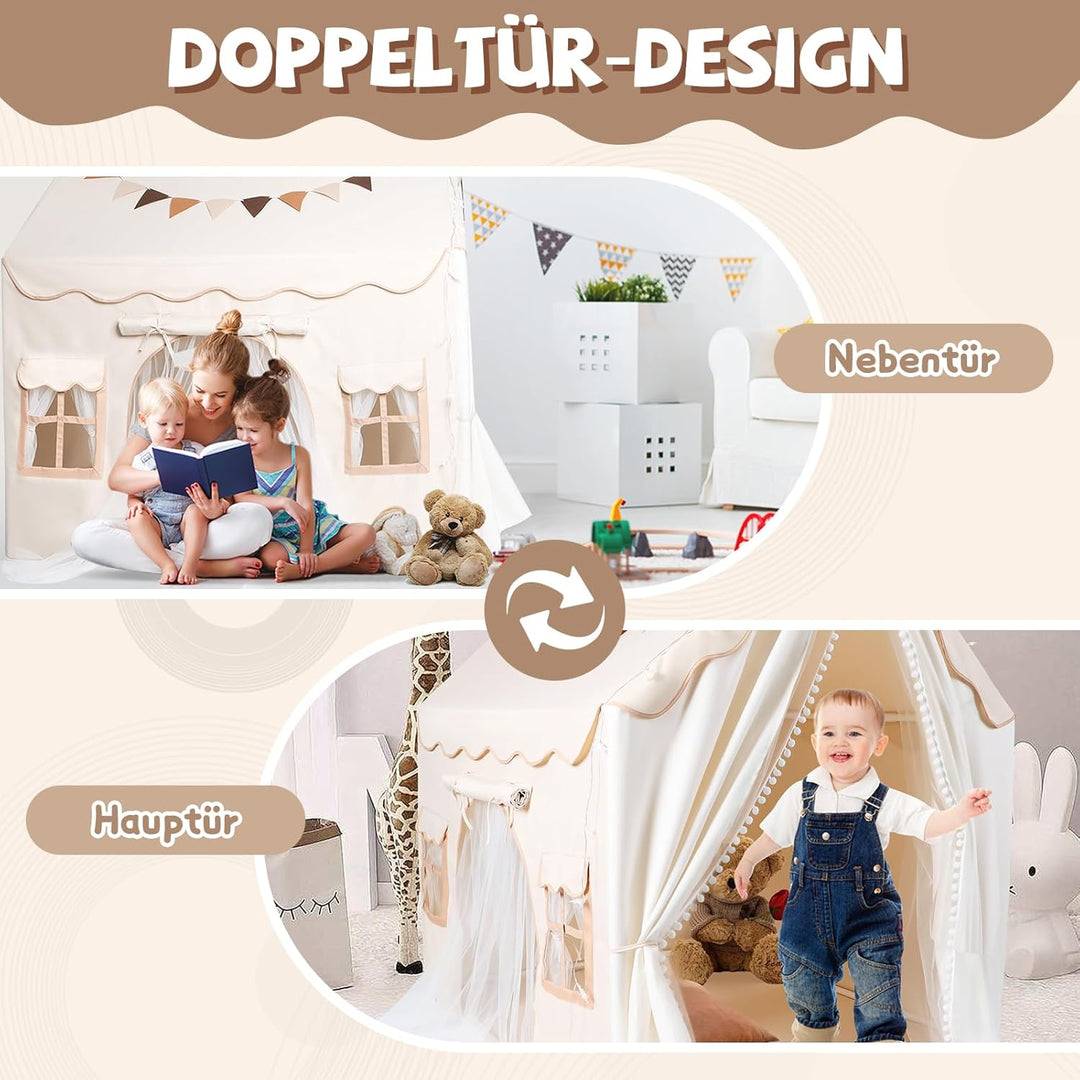 Herenear Kinderzelt mit 2 Eingängen, Spielzelt Kinder Indoor mit Lichtern und Zeltunterlage, Spielha