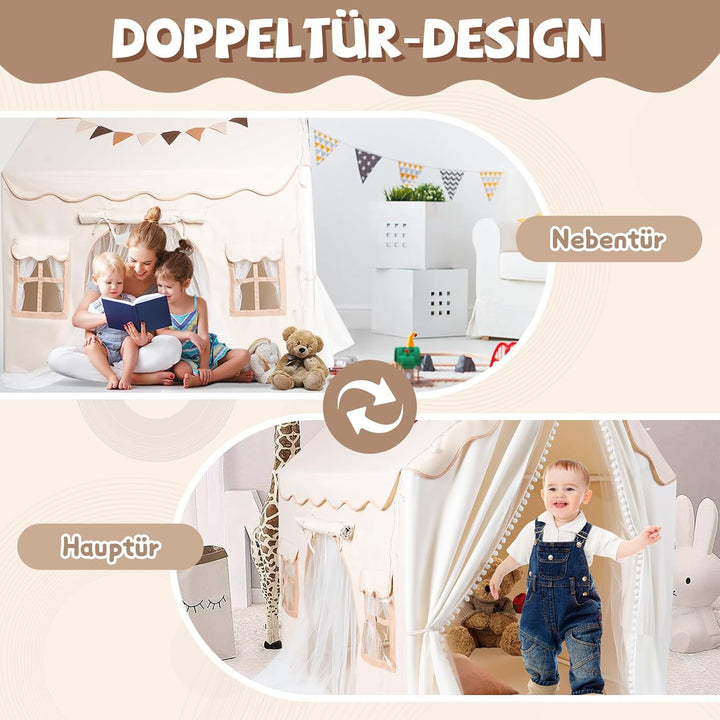 Herenear Kinderzelt mit 2 Eingängen, Spielzelt Kinder Indoor mit Lichtern und Zeltunterlage, Spielha