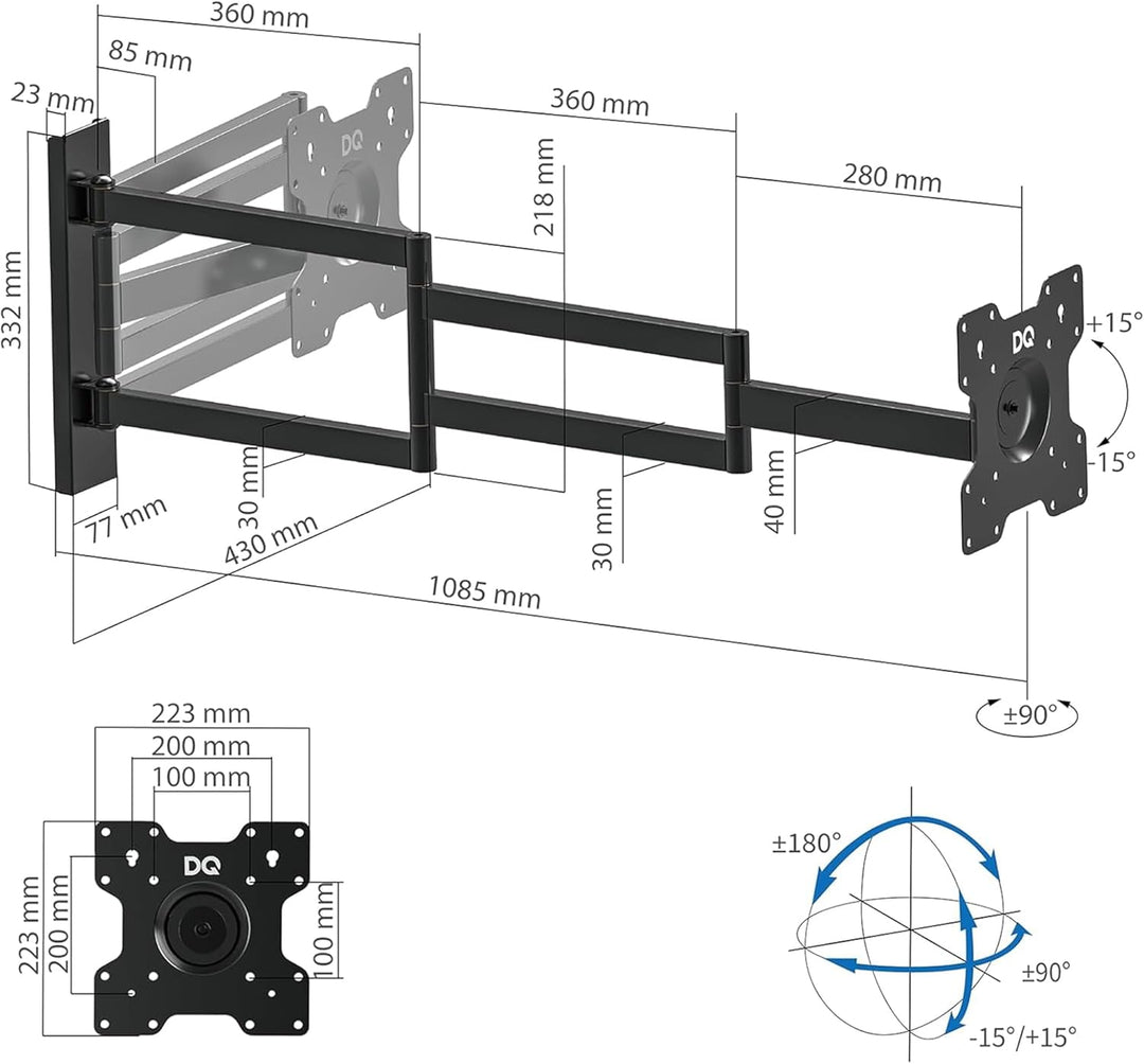DQ Rotate XL 98,5 cm Schwarz TV Wandhalterung - Empfohlene TV-Grösse: 15" - 40" - VESA 75x75 100x100