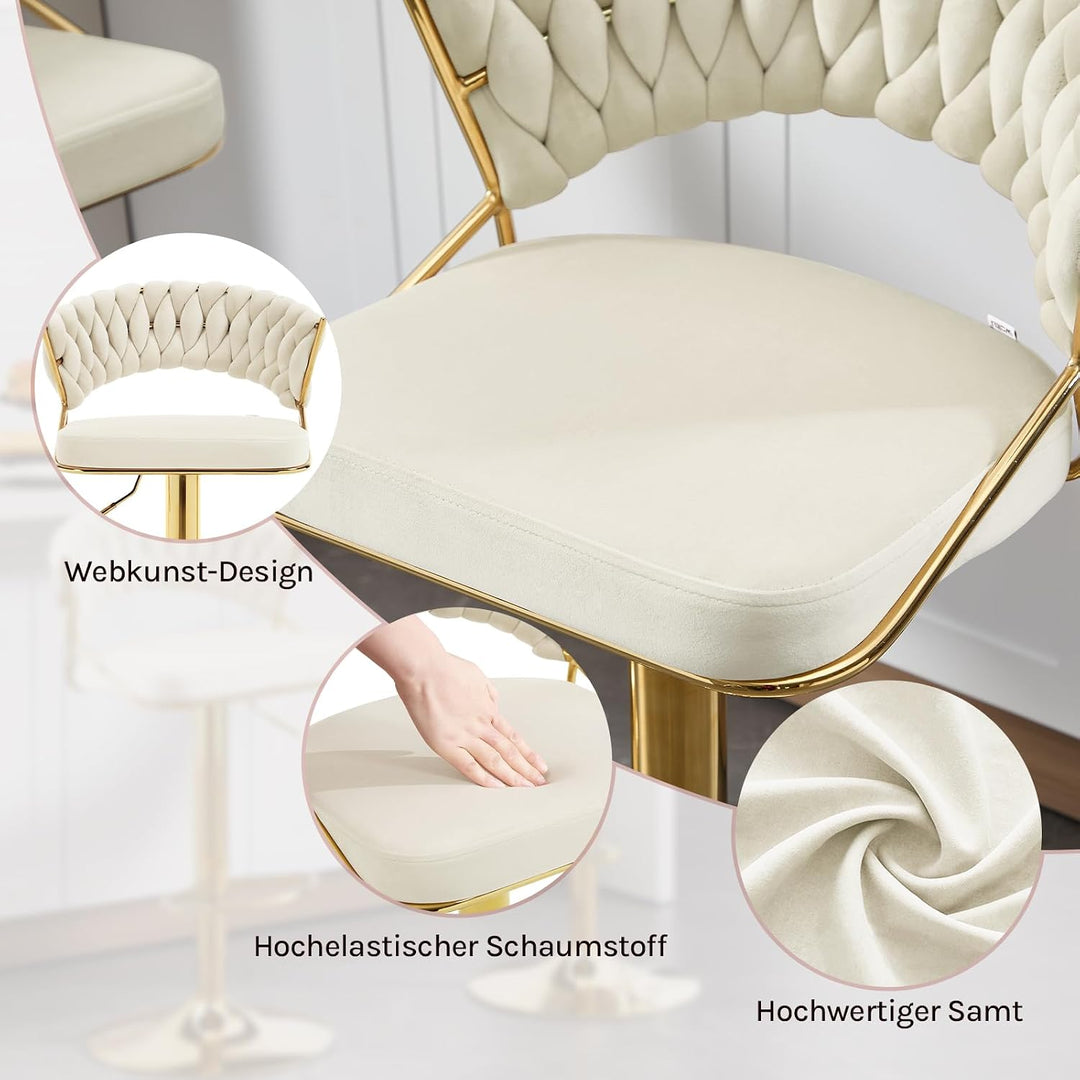 WOLTU Barhocker 2er Set, mit geflochtener Rückenlehne, Samthocker, Creme | Barstuhl 360° drehbar, hö