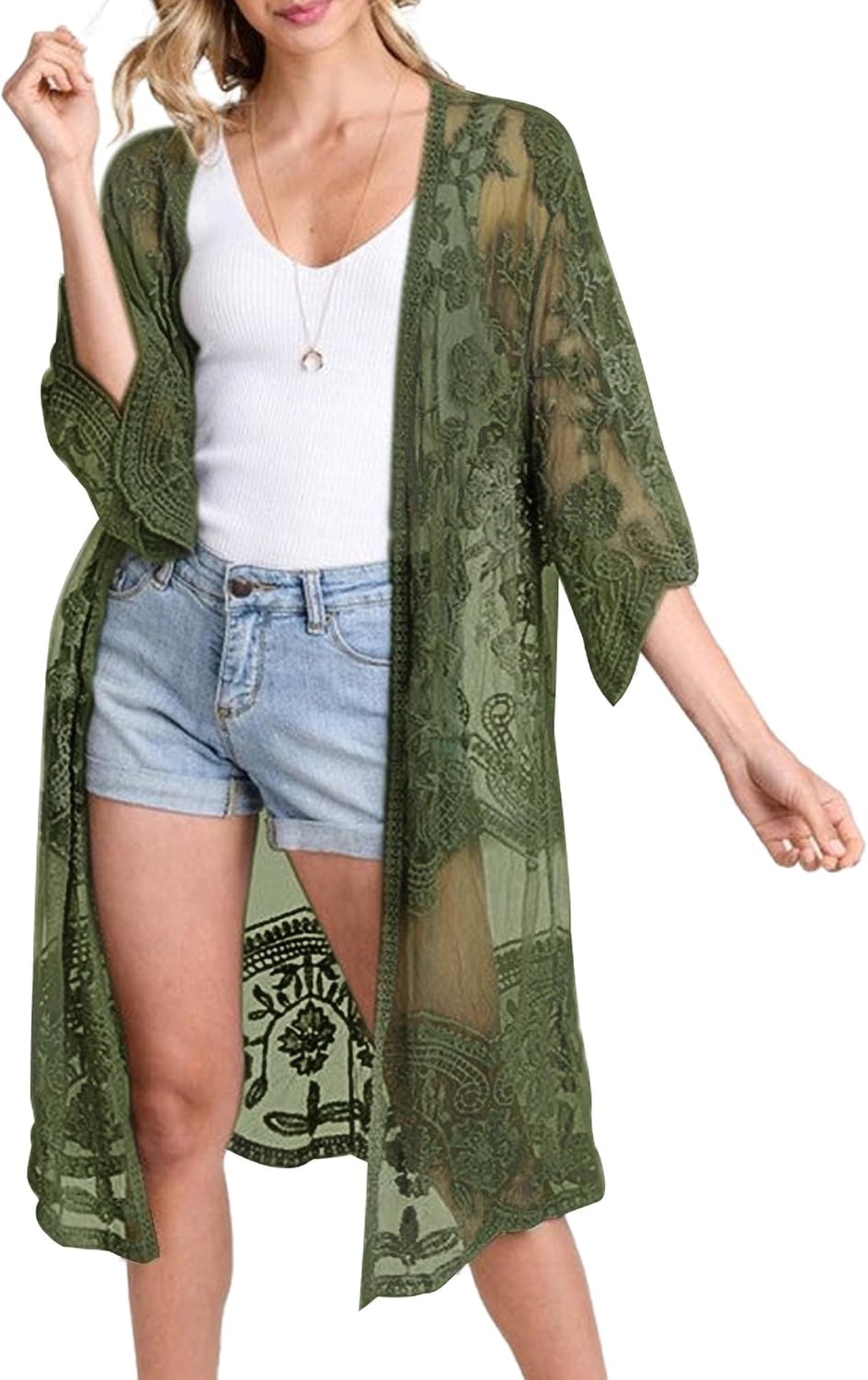 Bsubseach Badeanzug Cover Up für Frauen Lace Sheer Floral Kimono Cardigans Mesh Long Strand Dress A-