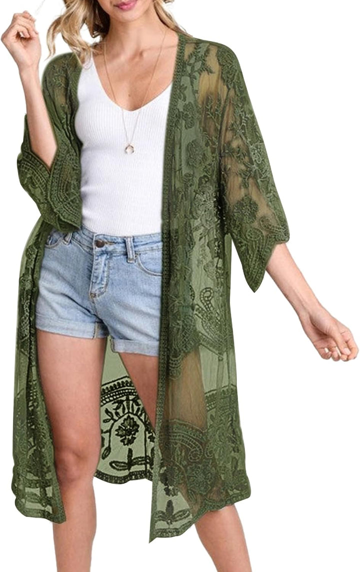 Bsubseach Badeanzug Cover Up für Frauen Lace Sheer Floral Kimono Cardigans Mesh Long Strand Dress A-