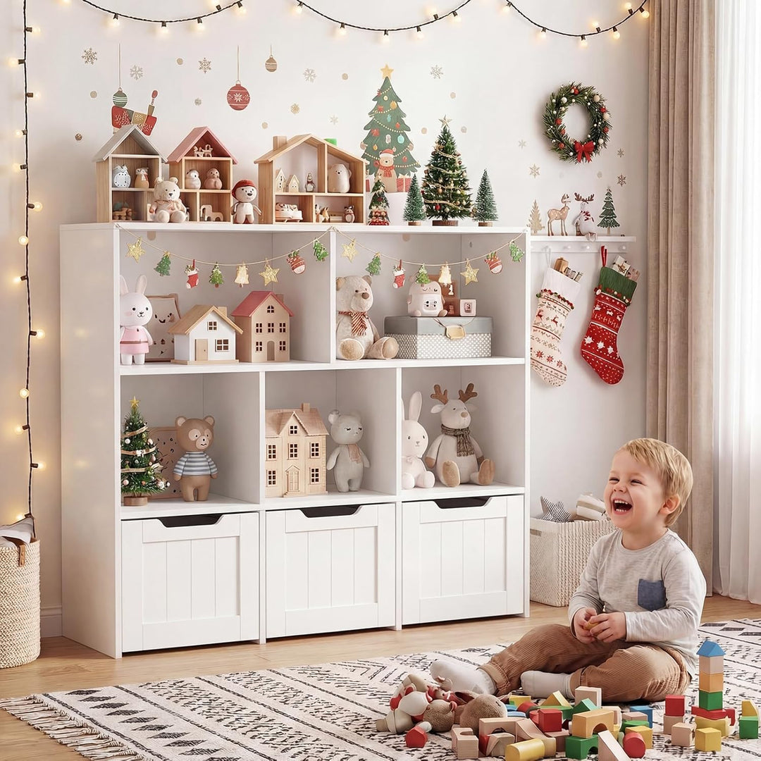 COSTWAY Kinderregal mit Boxen auf Rollen, Bücherregal Kinder mit 5 Fächern &amp; 3 Schubladen, Spielzeug