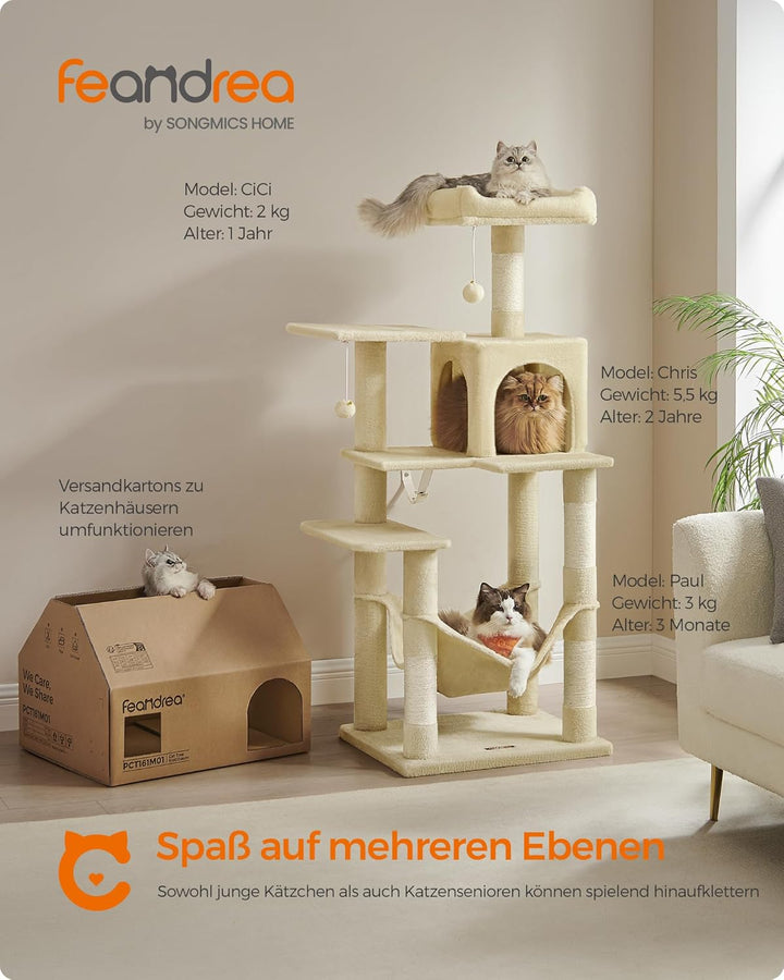 Feandrea Kratzbaum, 143 cm hoch, Katzenbaum, mehrstöckiges Katzenhaus, mit 4 Kratzsäulen, 2 Plattfor
