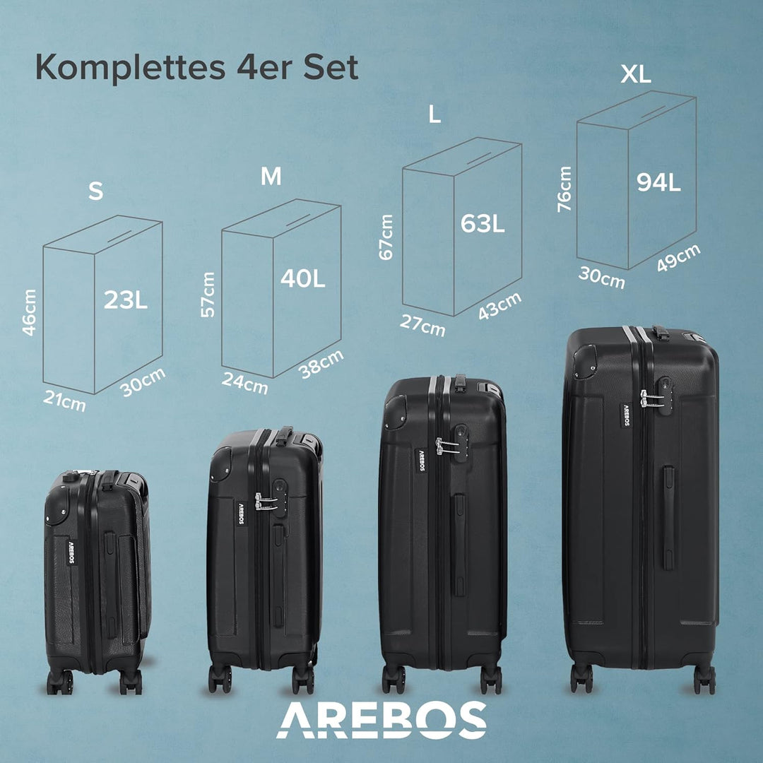 Arebos 4tlg. Hartschalenkofferset I ABS-Hartschale I Trolley Kofferset I Reisekoffer mit Teleskopgri