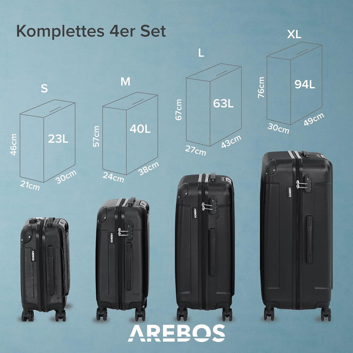 Arebos 4tlg. Hartschalenkofferset I ABS-Hartschale I Trolley Kofferset I Reisekoffer mit Teleskopgri