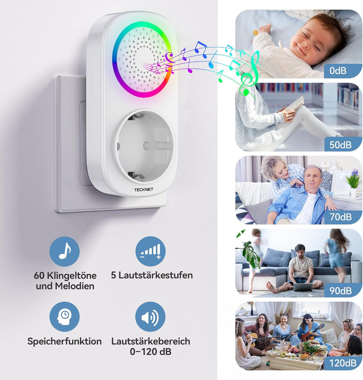 TECKNET Funkklingel Batterielose, IP65 Funkklingel aussen Wasserdicht, Haustürklingel mit Plug-In-Em