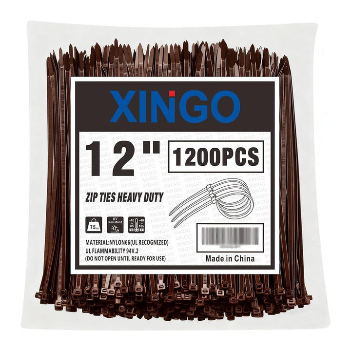 XINGO 30,5 cm braune Kabelbinder, 1200 Stück, 34 kg Zugfestigkeit, UV-beständige Kabelbinder, hochwe