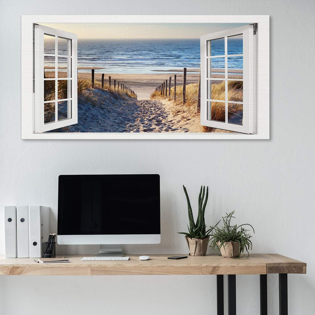 PICANOVA – Bild auf Leinwand Weg zum Meer Fenster 100x50cm – Leinwandbild – Premium Leinwanddruck –