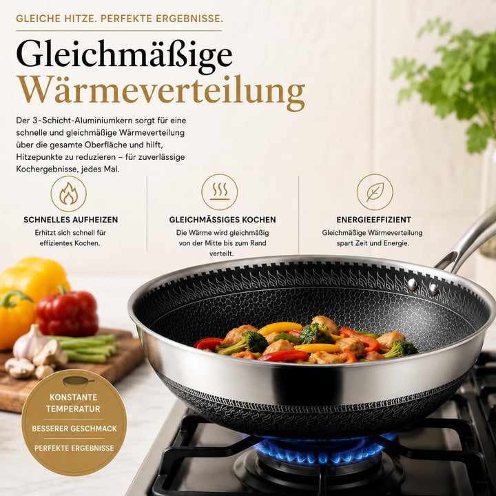INTIGNIS Wok mit backofenfestem Deckel – Anti-Kratz-Küche, zum Sautieren, Braten, Braten – Grosse 30