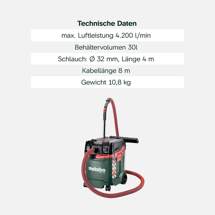 Metabo ASA 30 M PC Allessauger – 602087000 – Nass-/Trockensauger mit integrierter Filterabreinigung