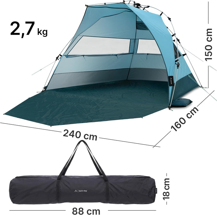 qeedo Quick Bay Pro Grosse Strandmuschel mit UV-Schutz (UV80) für 3 Personen inkl. Sandheringe und R