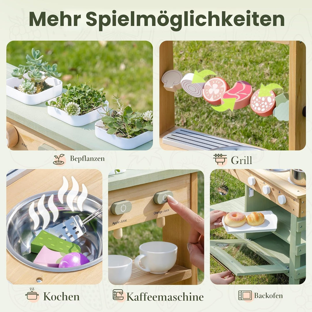 ROBUD Hölzerne Matschküche für Kinder, 17 PCS Pretend Play Kitchen Set mit Wasserspüle, Tafel & Küch