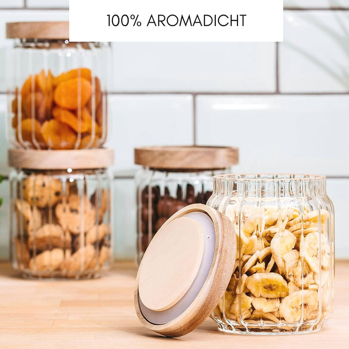 Econovo® geriffelte Vorratsgläser mit Deckel (500ml | 4-tlg.), stapelbar und luftdicht, Aufbewahrung