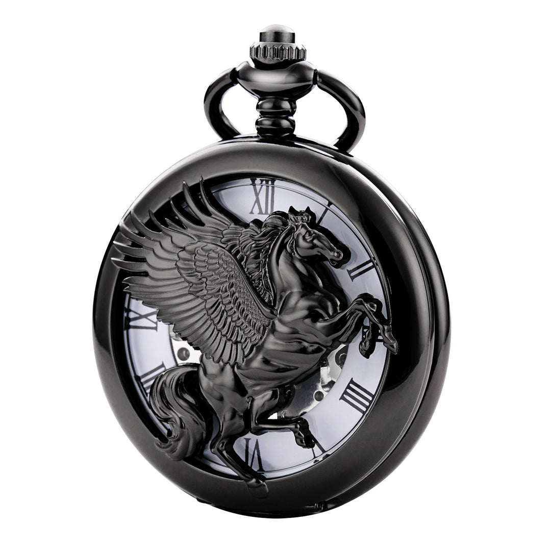 TREEWETO Unisex Taschenuhr mit Kette Analog Handaufzug Retro Pegasos Geflügeltes Pferd Schwarz