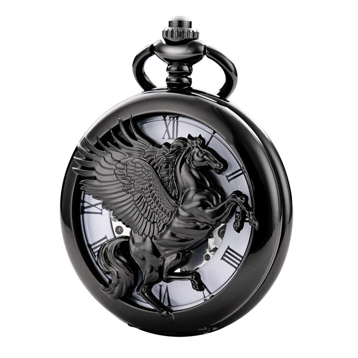 TREEWETO Unisex Taschenuhr mit Kette Analog Handaufzug Retro Pegasos Geflügeltes Pferd Schwarz
