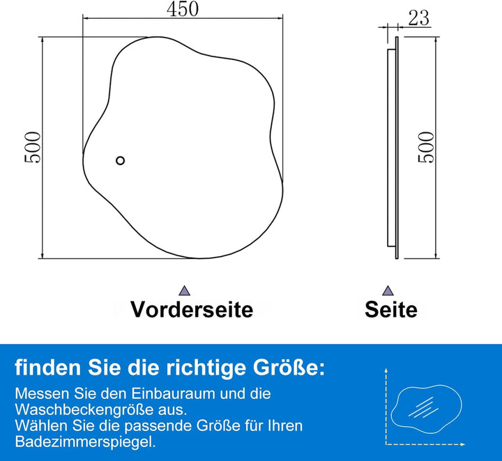 Aica Sanitär Badspiegel Asymmetrisch 50×45cm 3 Lichtfarben dimmbar Memory Touch Wandschalter Beschla