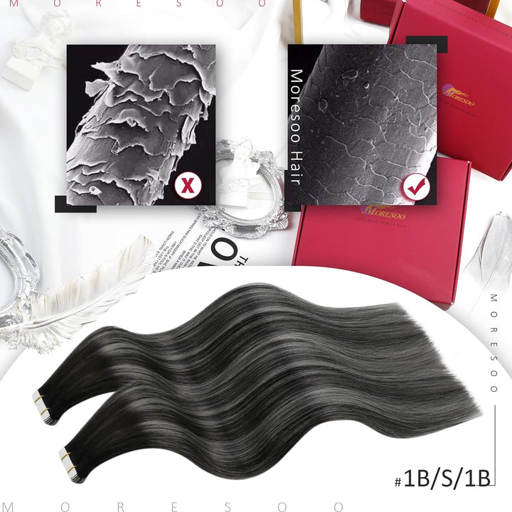 Moresoo Tape Echthaar Extension Schwarz Ombre Invisible Tape in Extensions Echthaar Schwarz bis #Sil
