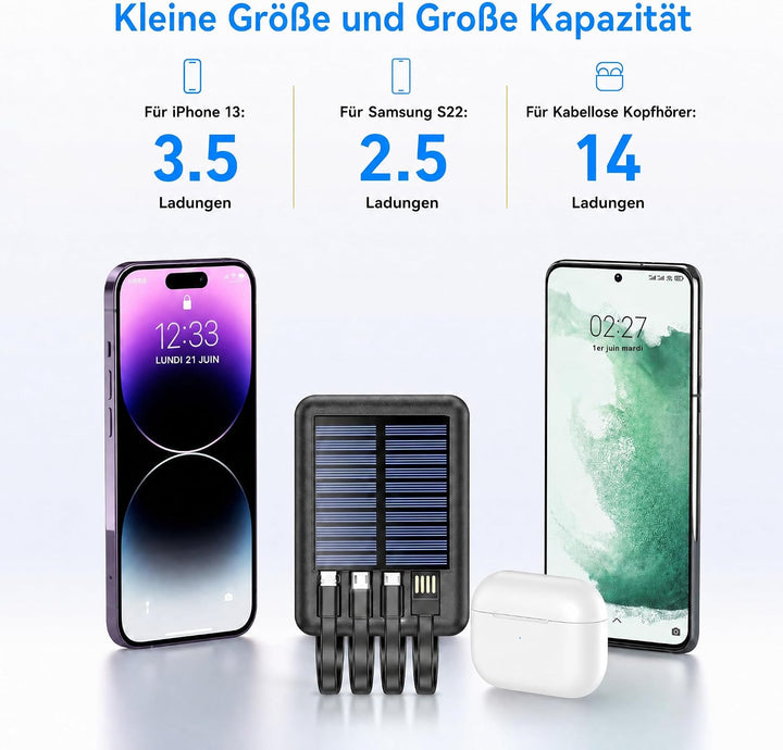 Mini Powerbank 15000mAh mit Solarpanel und integrierten Ladekabeln