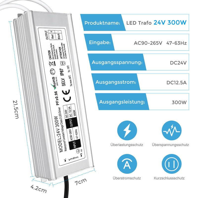 LED Trafo 24V 300W IP67, Outdoor Wasserdicht Transformator mit Stecker, LED Netzteil Treiber 230V au