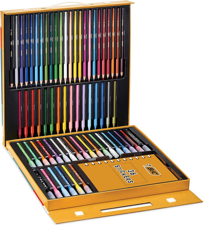 BIC Kids Stifte Set à 64: 24 Buntstifte, 24 Filzstifte, 16 Malkreiden und 36 Sticker, in praktischer