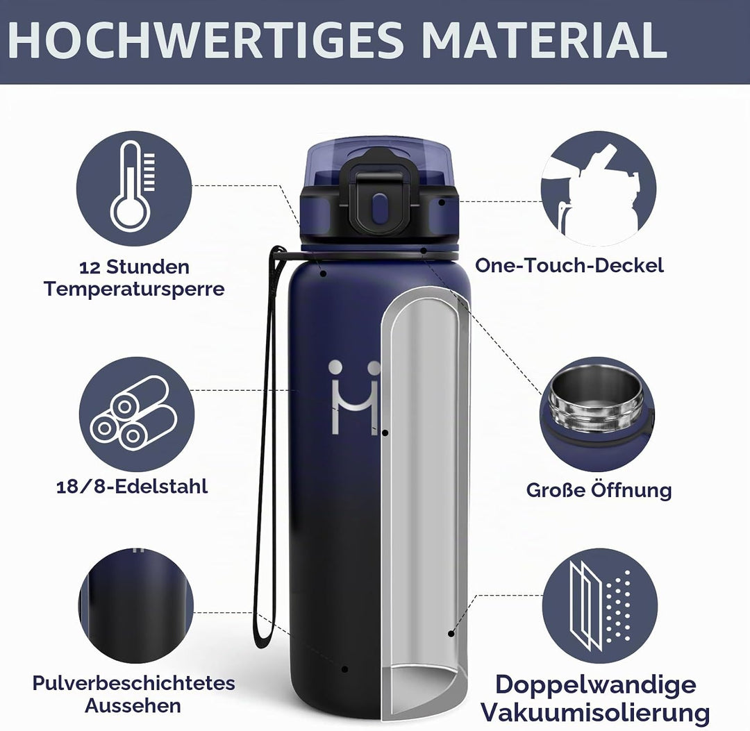 Trinkflasche Edelstahl - Auslaufsichere Trinkflasche - Thermobecher 750ml - Leicht zu Reinigen - Iso