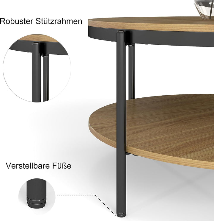 Manora Couchtisch Rund Holz, Runder wohnzimmertisch Klein 80 cm,Sofatisch mit stauraum 2 Ebenen, Eic