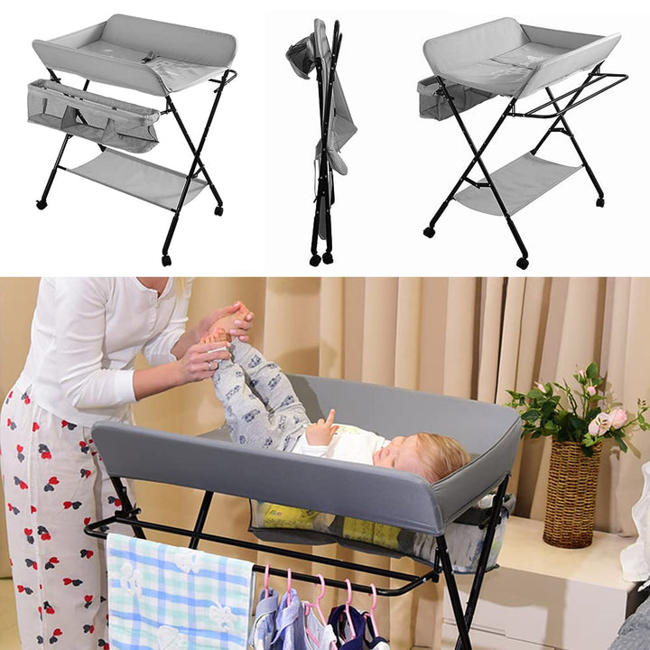Baby Wickelkombi - klappbare Wickelkommode, mobiler Wickeltisch mit Wickelauflage, Sicherheitsgurt u