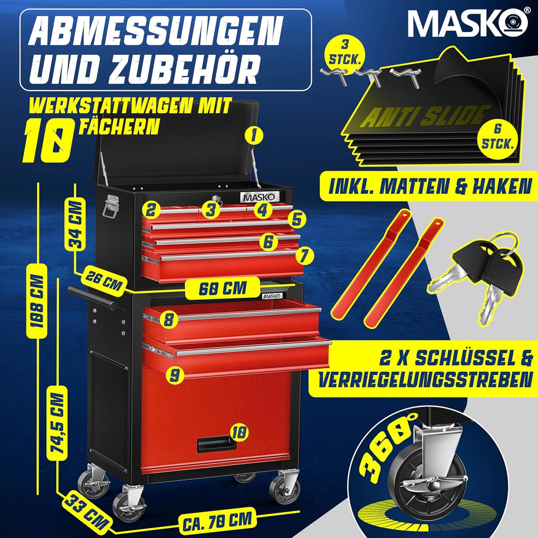 MASKO® Werkstattwagen inkl. Koffer - 9 Fächer Abschliessbar | Massives Metall | Mobiler Werkzeug-Wag