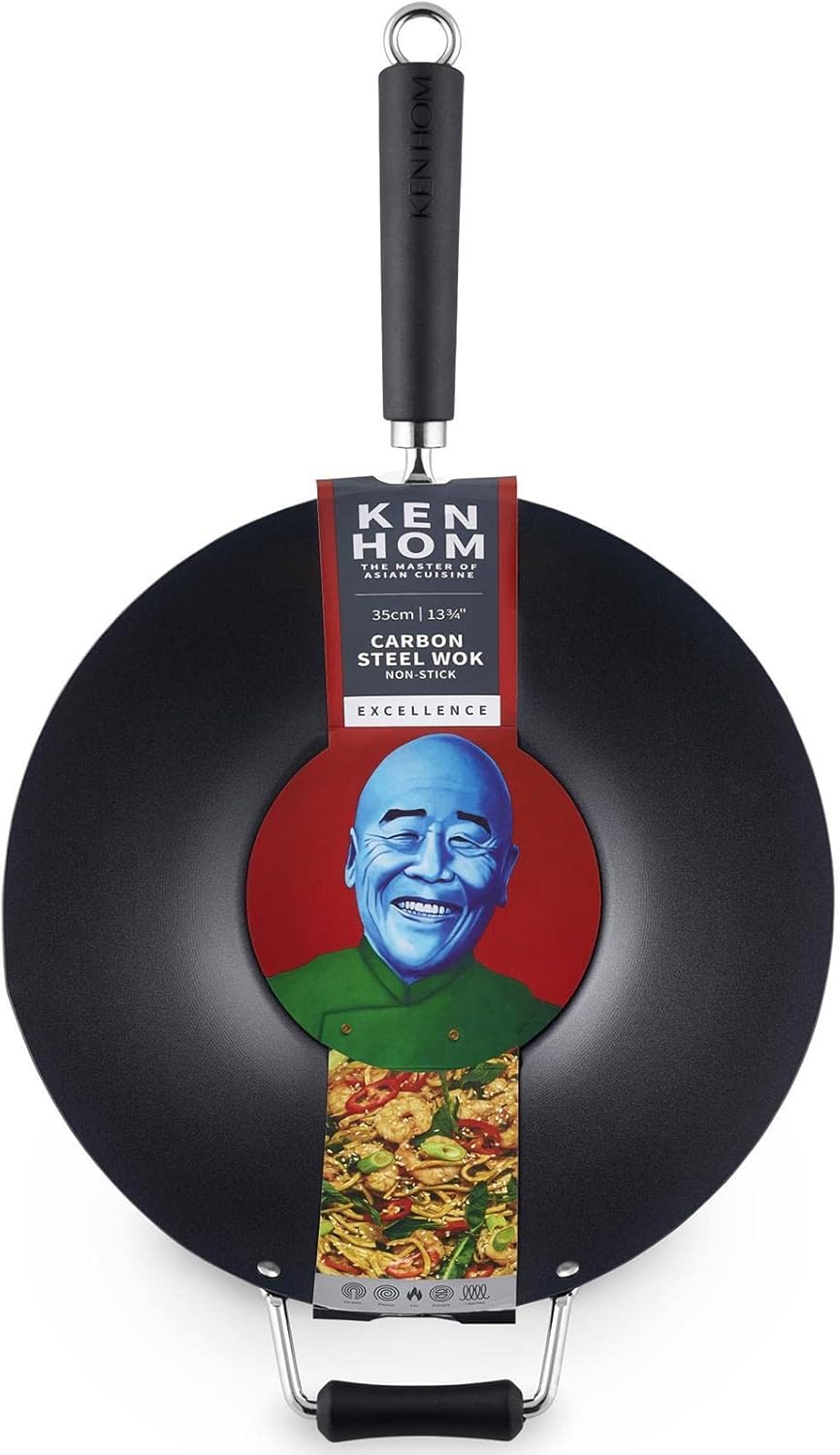 Ken Hom grosser Antihaft Wok 35 cm Induktion Wokpfanne aus Karbonstahl mit Phenolharz-Griff