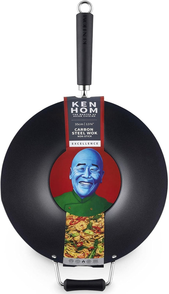 Ken Hom grosser Antihaft Wok 35 cm Induktion Wokpfanne aus Karbonstahl mit Phenolharz-Griff