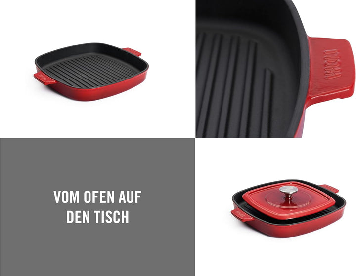 Woll Iron Gusseisen Grillpfanne viereckig mit Rillen, inkl. Steakpresse und Silikongriffen - Indukti