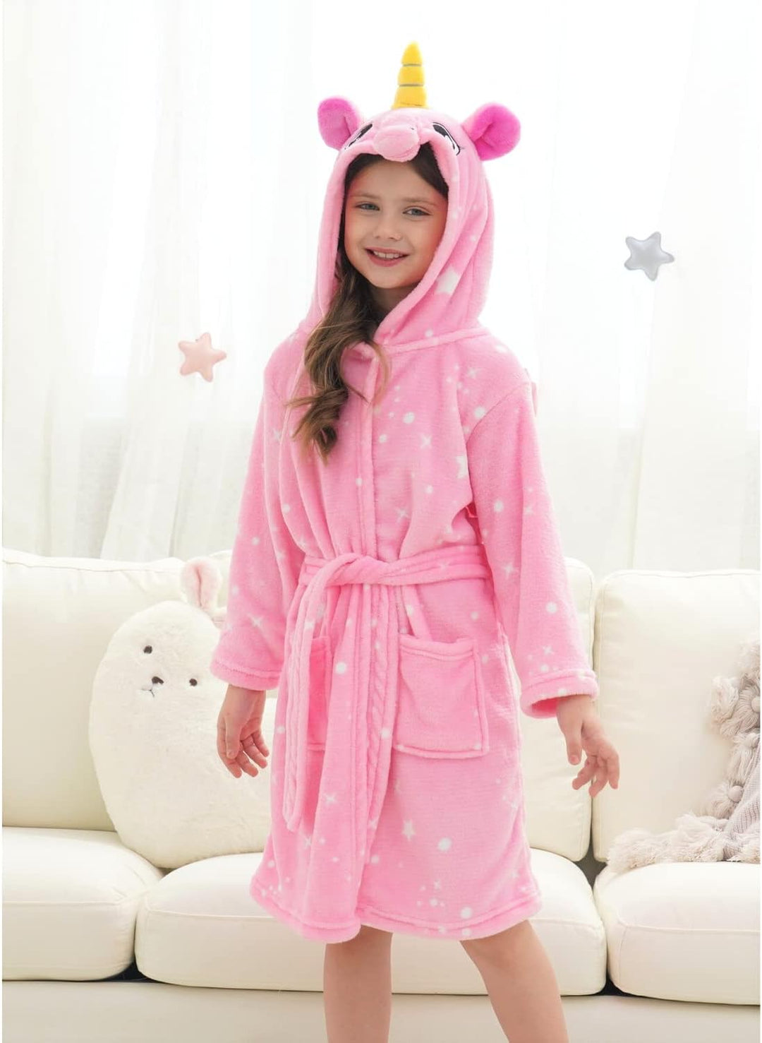 Piefry Weicher Einhorn-Bademantel mit Kapuze für Mädchen mit Einhorn-Pantoffeln, Augenbinde und Stir
