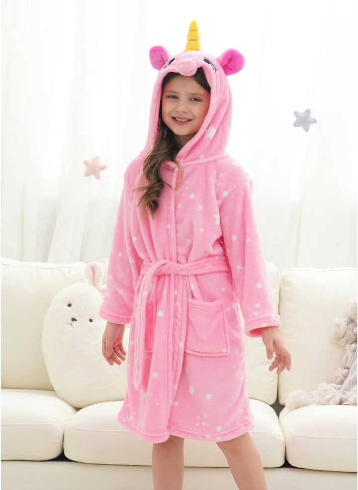 Piefry Weicher Einhorn-Bademantel mit Kapuze für Mädchen mit Einhorn-Pantoffeln, Augenbinde und Stir