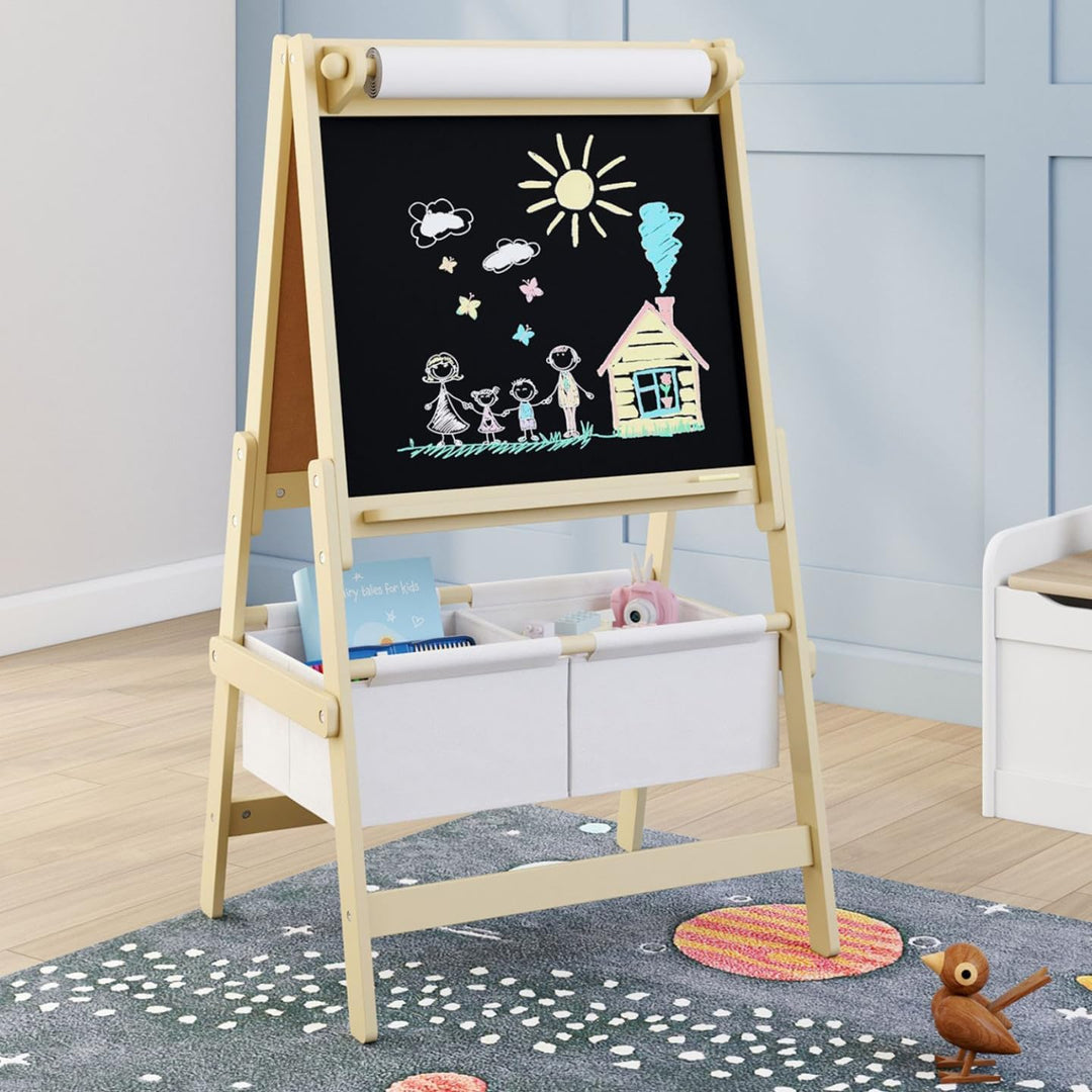 IDMarket - Kindertafel 3 in 1 Doppelseitige Staffelei mit Papierrolle und 2 Aufbewahrungskörben