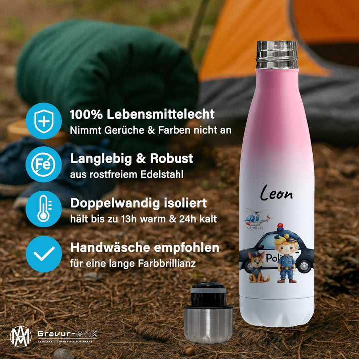 Trinkflasche Edelstahl 500 ml personalisiert - "Polizei" – doppelwandige Thermosflasche hält 13 h wa