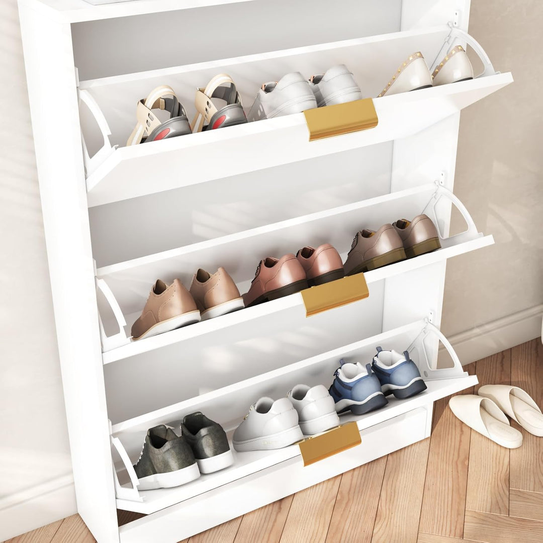 VOWNER Schuhschrank mit 3 Klappen Schmal Schuhkipper Weiss 80x17x108 cm | Platzsparender Schuhregal