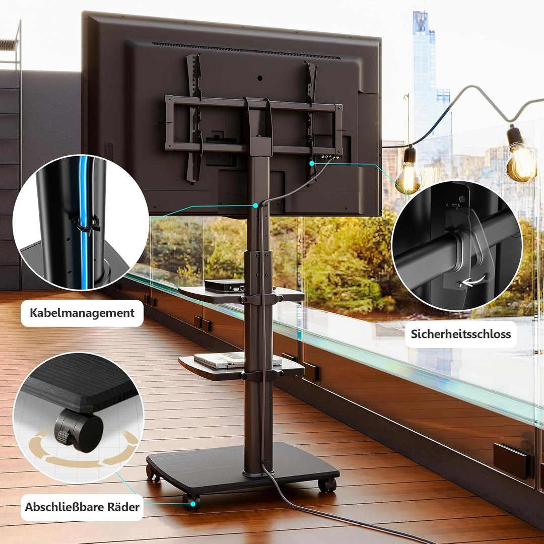 FITUEYES TV Bodenständer Rollbar mit 3 Ablagen TV Standfuss TV Ständer Fernsehstand mit Rollen höhen