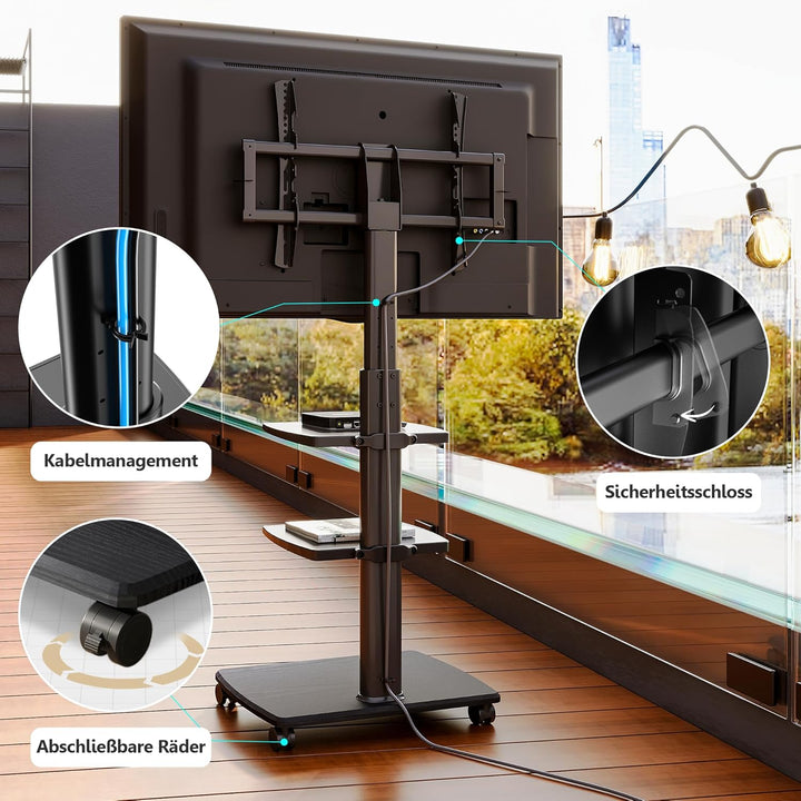 FITUEYES TV Bodenständer Rollbar mit 3 Ablagen TV Standfuss TV Ständer Fernsehstand mit Rollen höhen