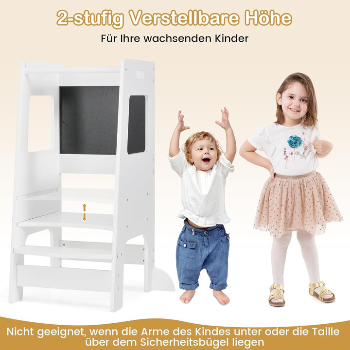 DREAMADE Lernturm ab 1 Jahr, Tritthocker Holz mit doppelseitiger Tafel, Learning Tower Höhenverstell