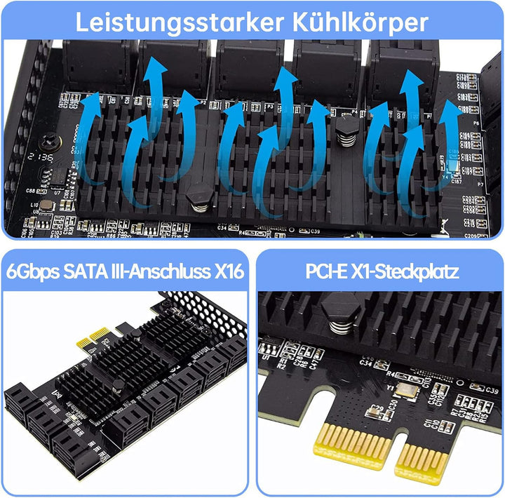 PCIE zu 16 SATA Ports PCIE SATA Controller Karte, 6 Gbps SATA 3.0 Controller, Kommt mit 16 SATA-Date