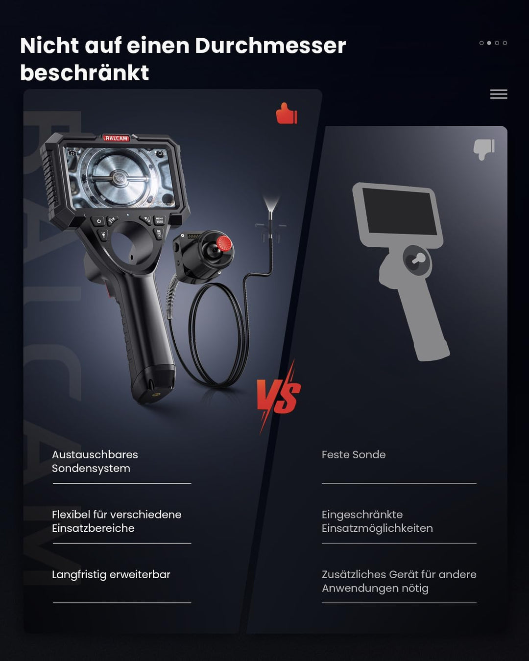 Ralcam Endoskopkamera mit Licht, Endoscope Camera mit 360° beweglichem Kopf, 6.2mm Sonde, 5" HD Bild