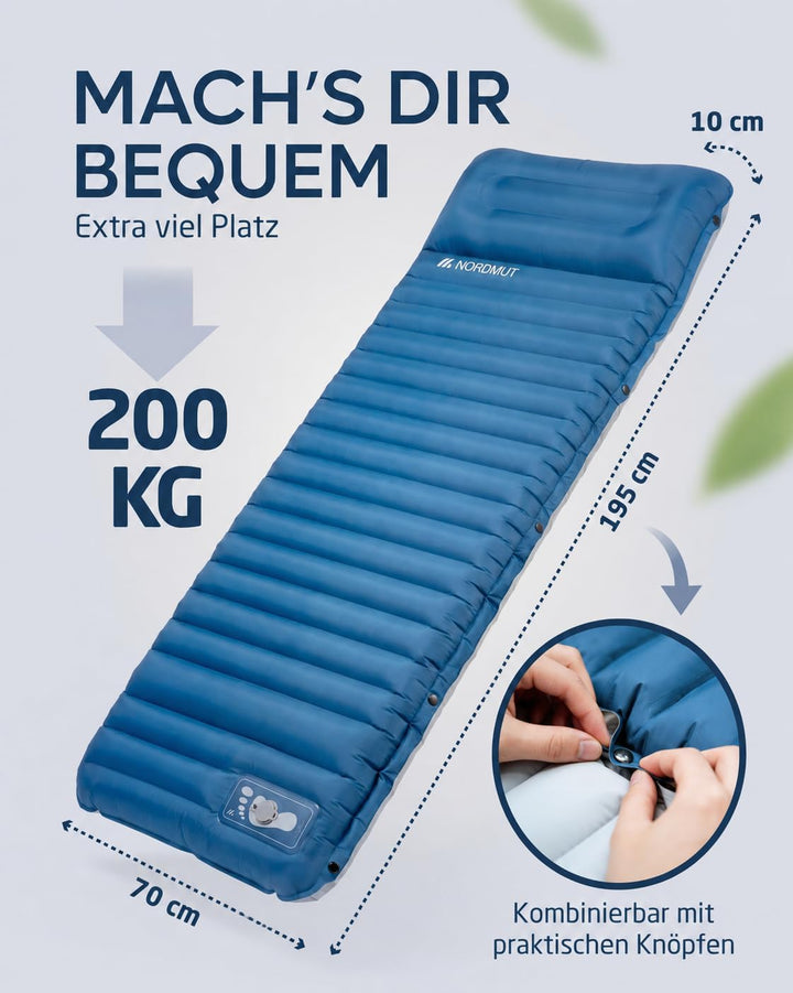 NORDMUT® Isomatte Schnellaufblasend mit integrierter Fusspumpe 10 cm - Isomatte Camping mit kleinem