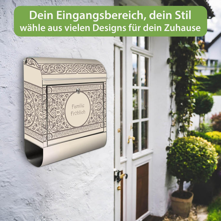banjado Briefkasten Edelstahl personalisiert 38x43x12cm & 2 Schlüssel - rostfreier Edelstahl Briefka