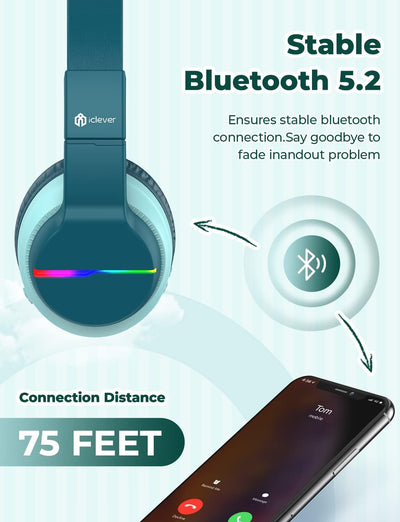 iClever Bluetooth Kinder Kopfhörer, Farbige LED-Leuchten, Kinderkopfhörer Over-Ear mit 74/85/94dB La