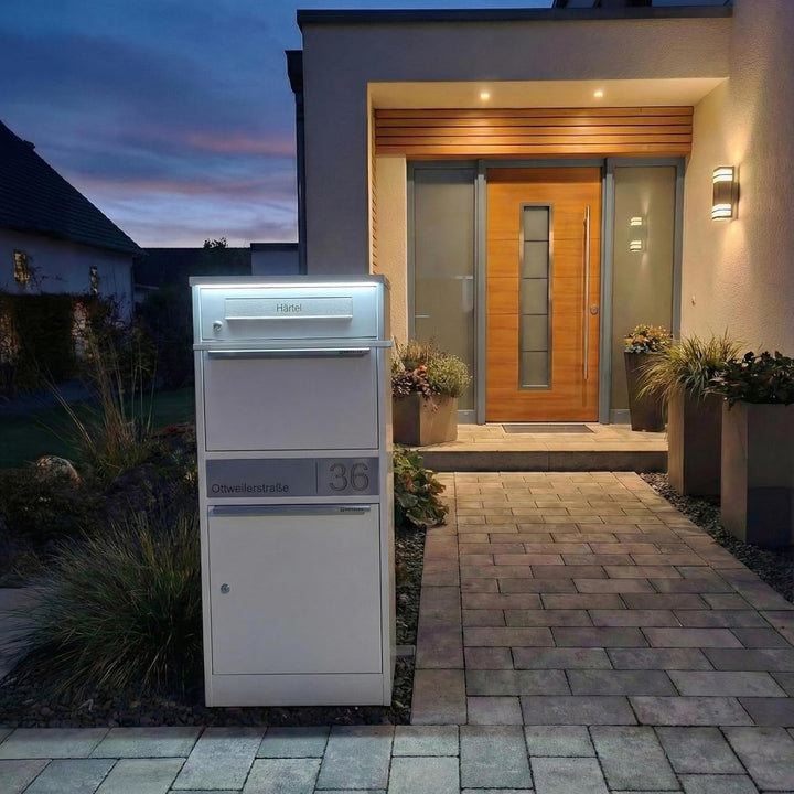 Metzler Paketbriefkasten mit LED-Beleuchtung und Namensgravur, solarbetrieben und abschliessbar, Wei