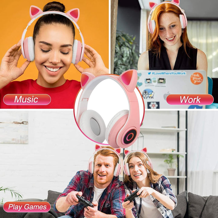 Sendowtek Bluetooth Kopfhörer für Kinder Mädchen Over Ear Niedlich Katzenohren LED Licht Kabellos Ko
